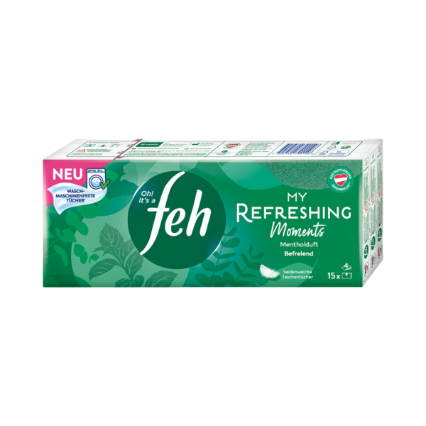 782192, Feh My Refreshing Moments Mentholduft, Taschentuecher, 4 lagig, 15 x 9 Stueck, waschmaschinenfest